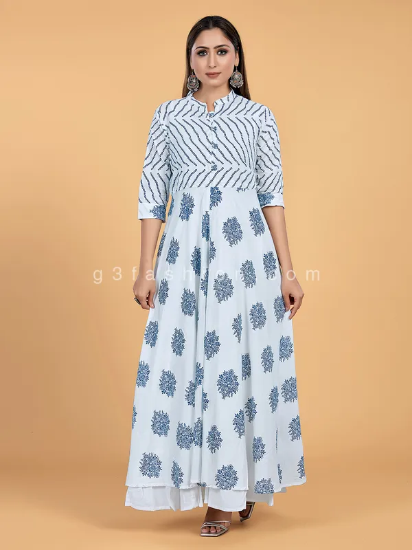 White and navy printed cotton long kurti
