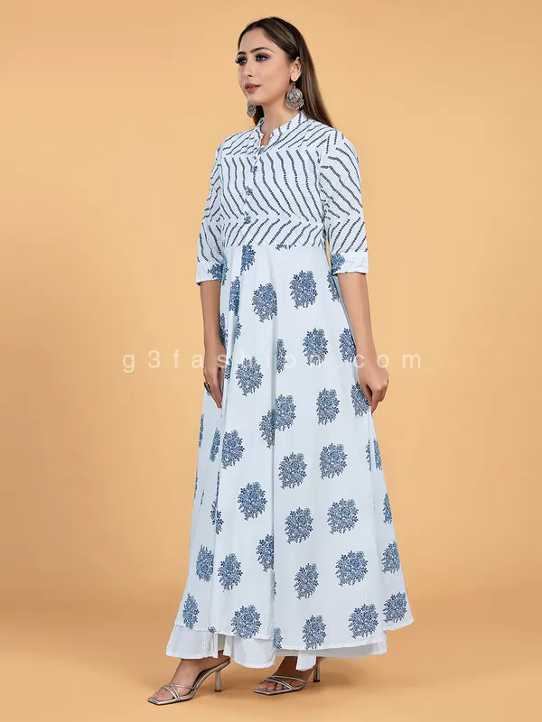 White and navy printed cotton long kurti