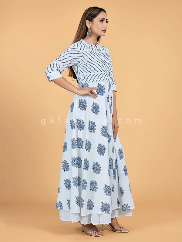 White and navy printed cotton long kurti