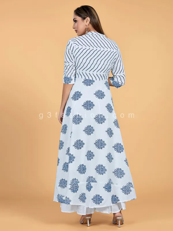 White and navy printed cotton long kurti