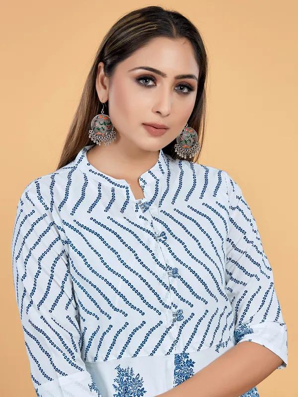 White and navy printed cotton long kurti