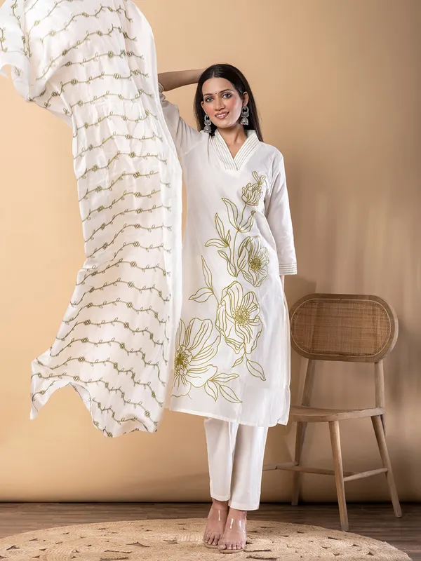 White and olive cotton kurti set with dupatta