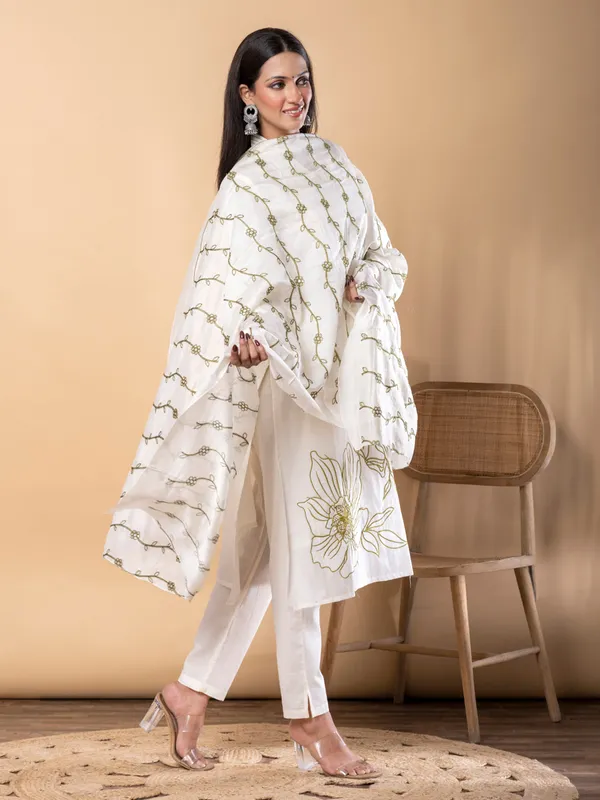 White and olive cotton kurti set with dupatta
