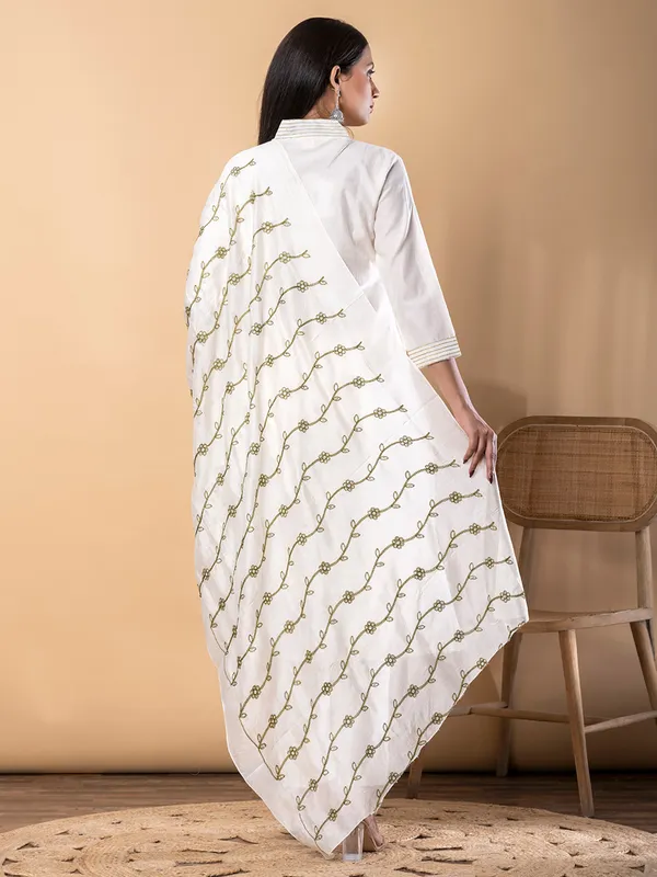 White and olive cotton kurti set with dupatta
