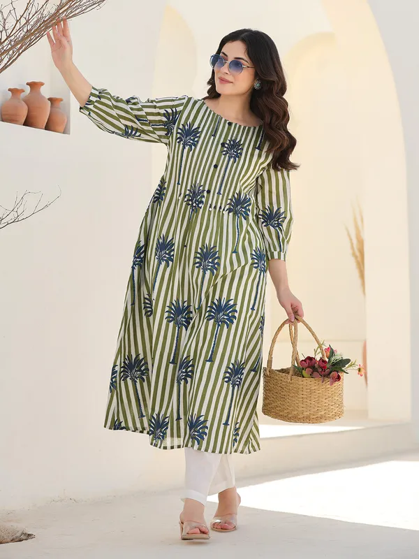 White and olive silk printed kurti set