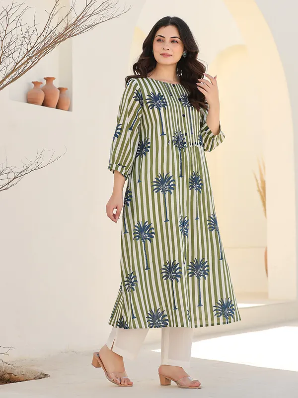 White and olive silk printed kurti set