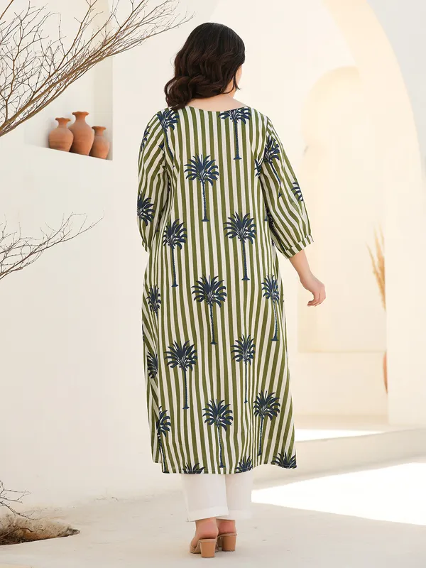 White and olive silk printed kurti set