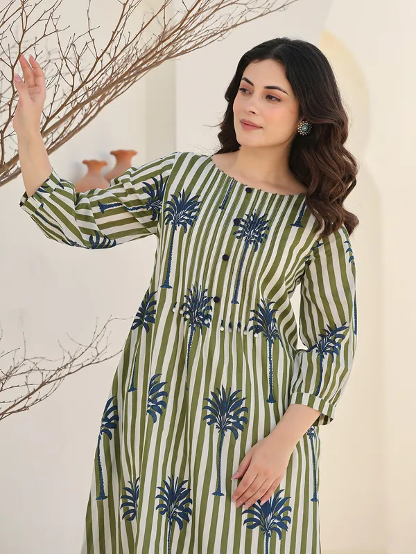 White and olive silk printed kurti set