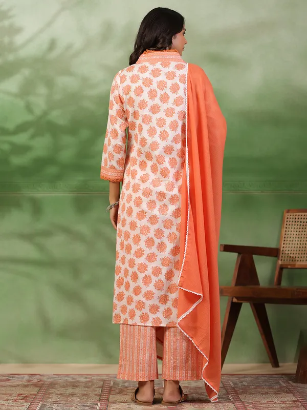 white and orange cotton kurti set