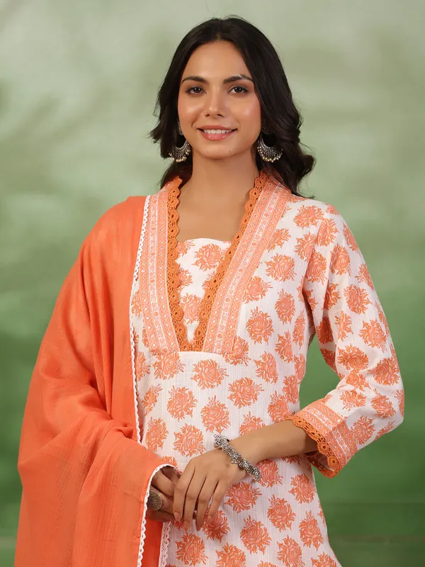 white and orange cotton kurti set
