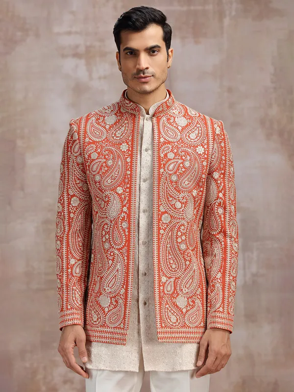 White and Orange georgette indowestern set for men