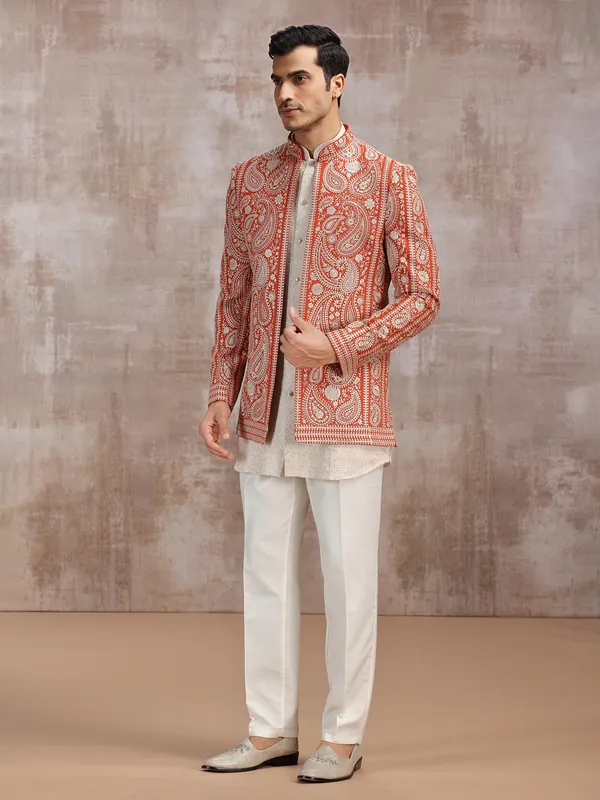 White and Orange georgette indowestern set for men