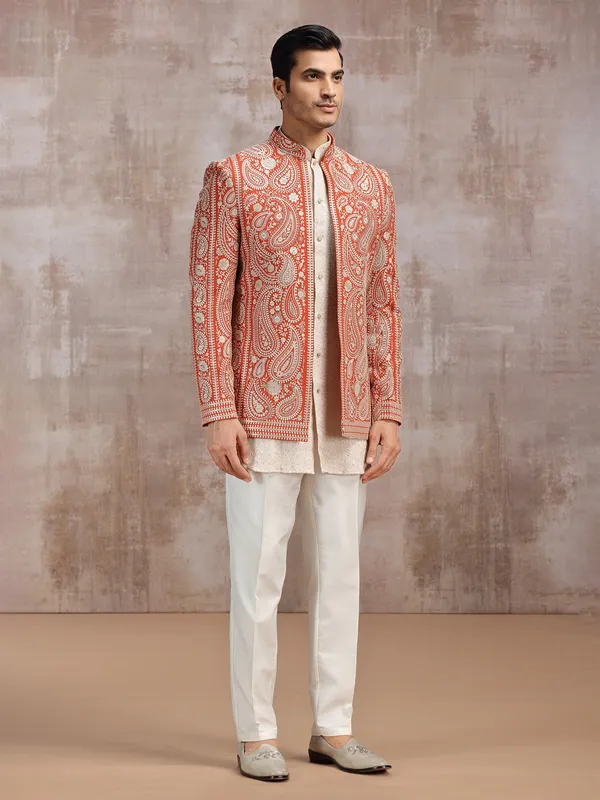 White and Orange georgette indowestern set for men