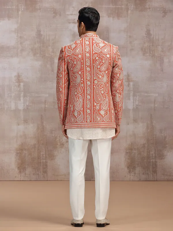 White and Orange georgette indowestern set for men