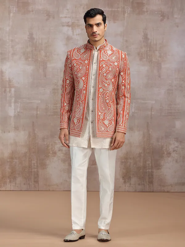 White and Orange georgette indowestern set for men