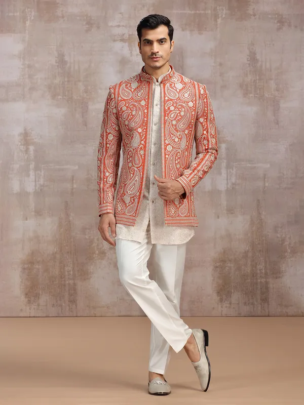 White and Orange georgette indowestern set for men