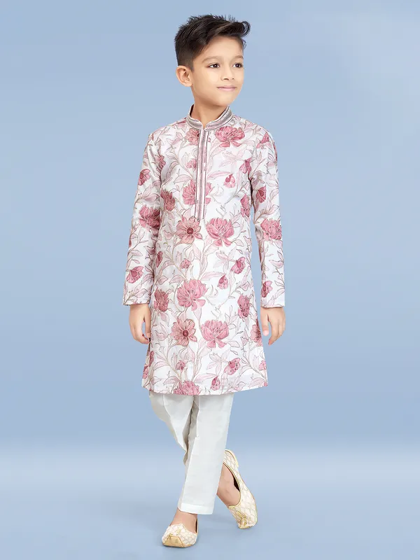 White and peach printed cotton silk festive kurta suit for boys