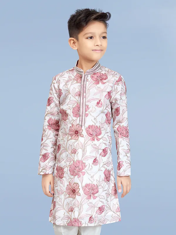 White and peach printed cotton silk festive kurta suit for boys