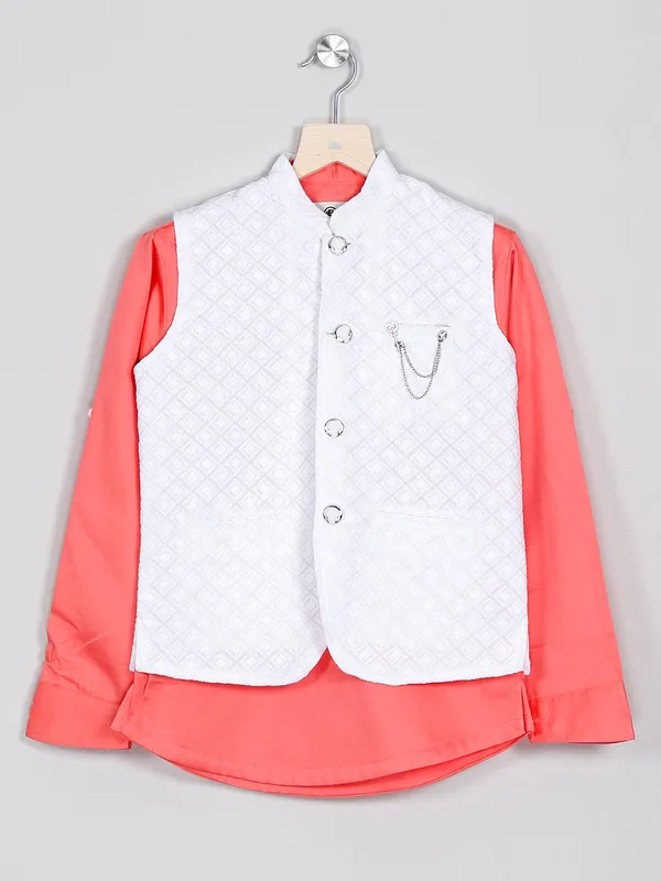 White and peach solid mens waistcoat