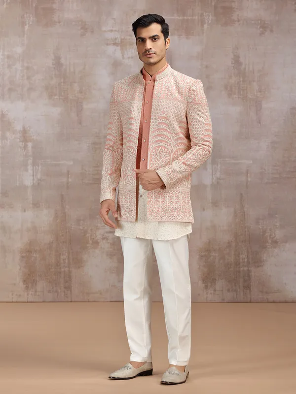 white and peach wedding wear indowestern set in georgette