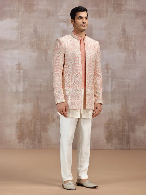 white and peach wedding wear indowestern set in georgette