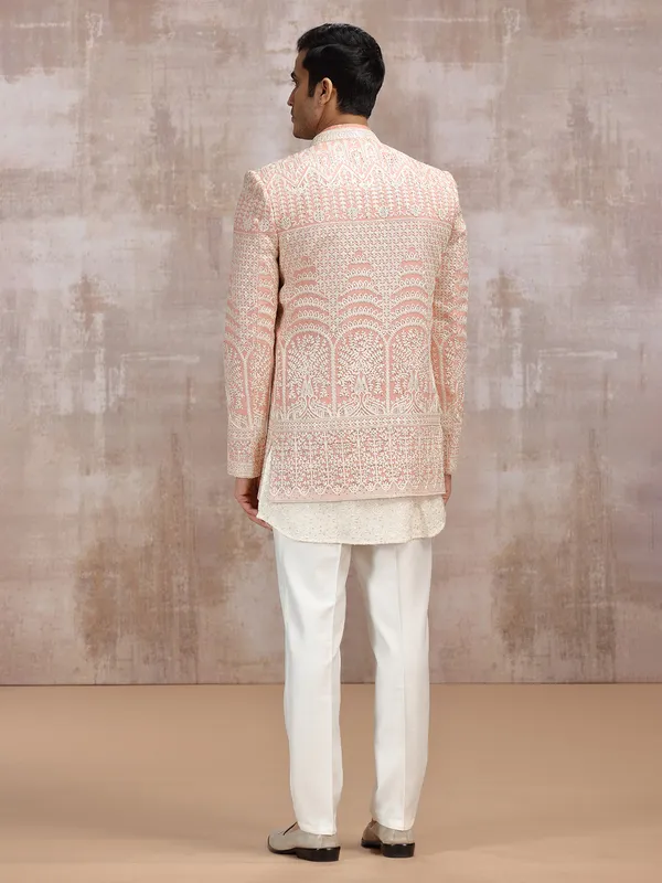 white and peach wedding wear indowestern set in georgette