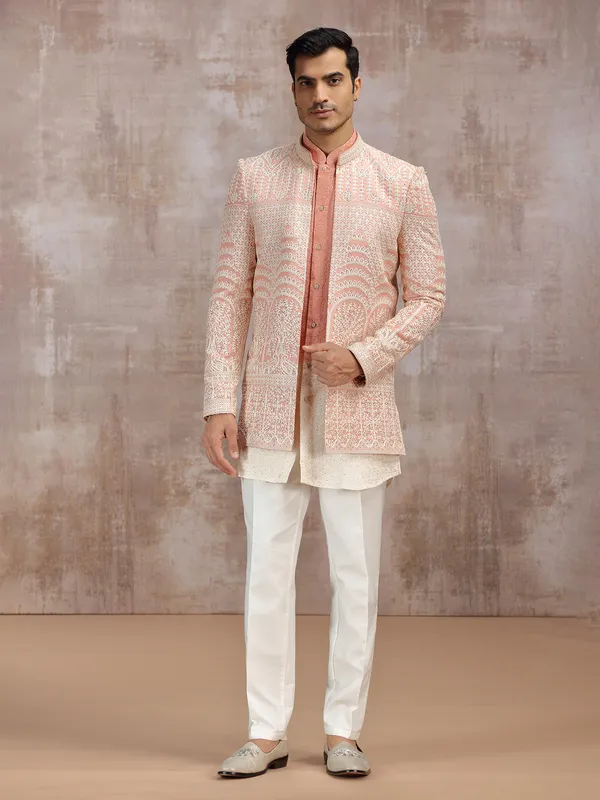white and peach wedding wear indowestern set in georgette