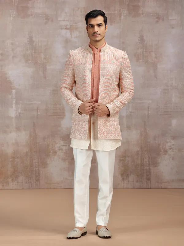 white and peach wedding wear indowestern set in georgette