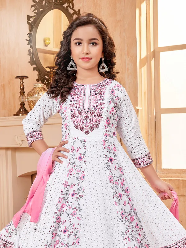 White and pink cotton embroidery salwar suit