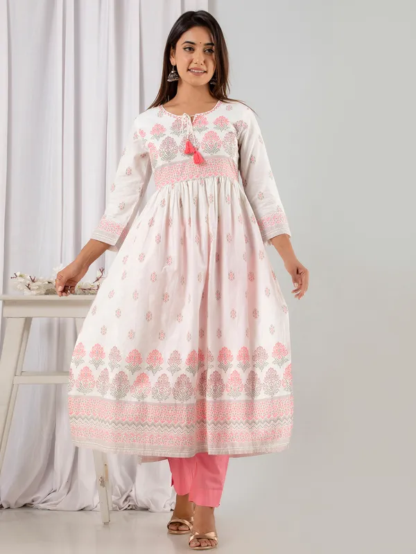 White and pink cotton kurti set
