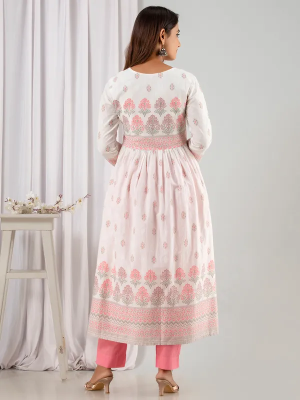 White and pink cotton kurti set