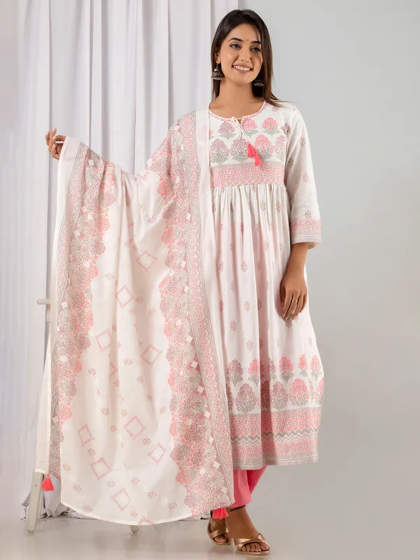 White and pink cotton kurti set