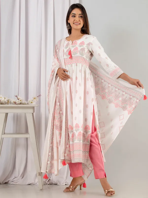White and pink cotton kurti set