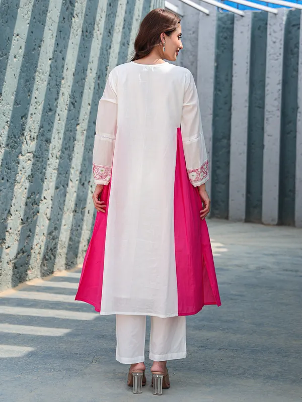 White and pink cotton kurti set for women