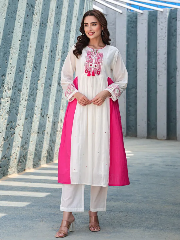 White and pink cotton kurti set for women