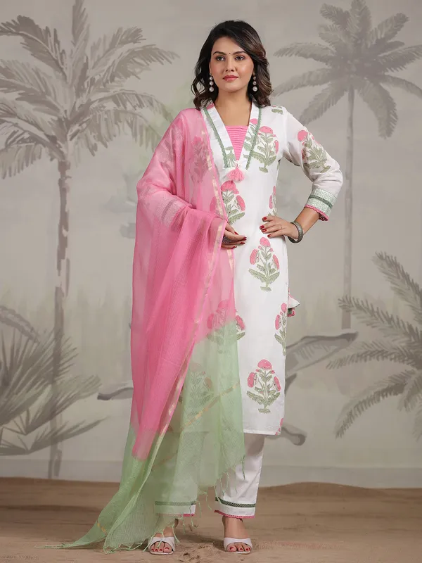 White and pink floral printed cotton kurti set