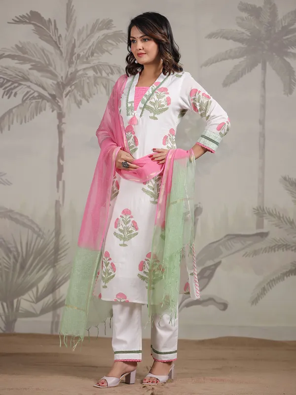 White and pink floral printed cotton kurti set