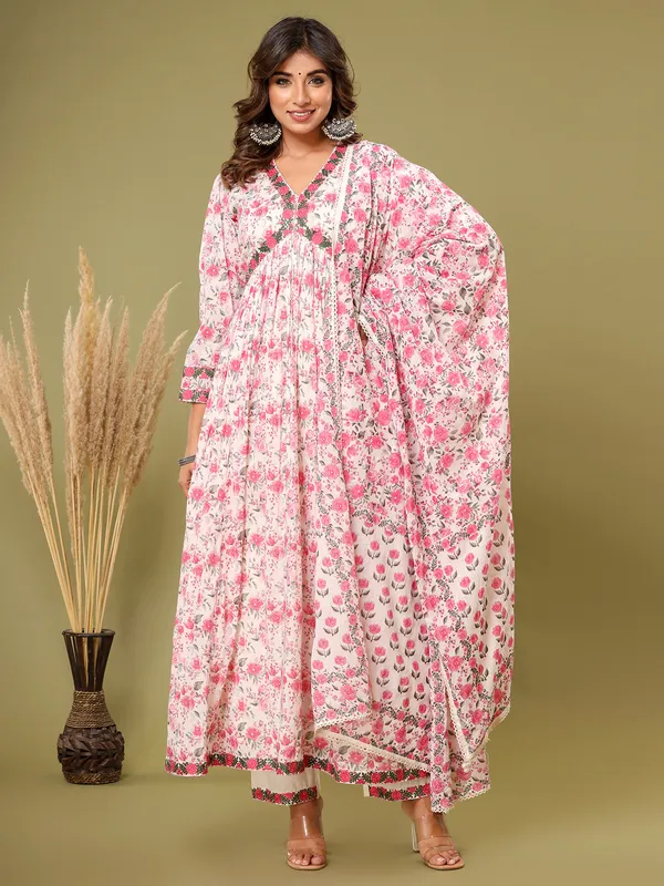 White and pink floral printed kurti set