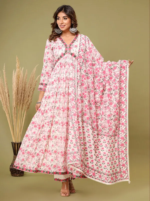 White and pink floral printed kurti set