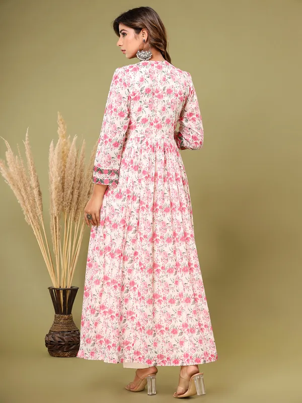White and pink floral printed kurti set