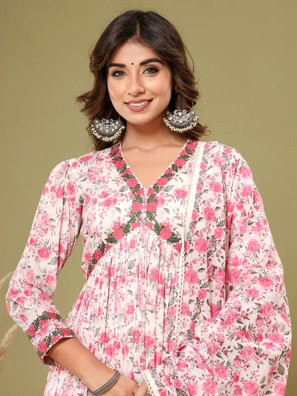 White and pink floral printed kurti set