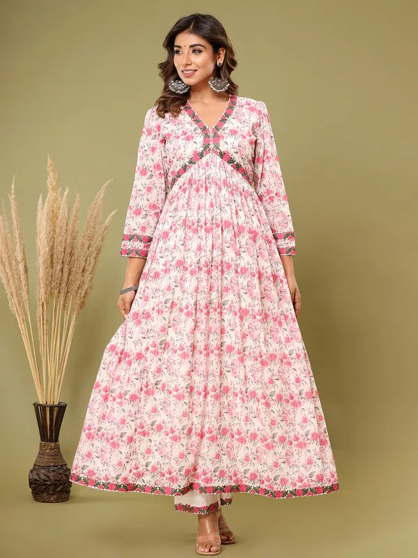 White and pink floral printed kurti set