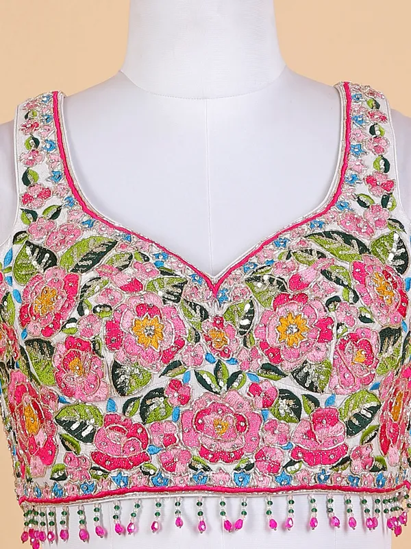 White and pink floral printed lehenga choli