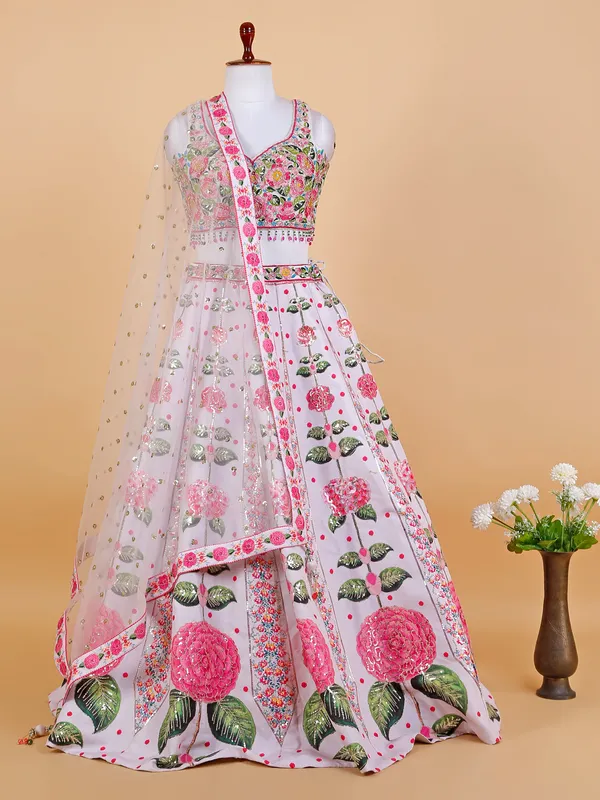 White and pink floral printed lehenga choli
