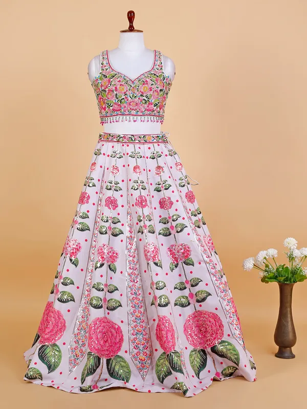 White and pink floral printed lehenga choli