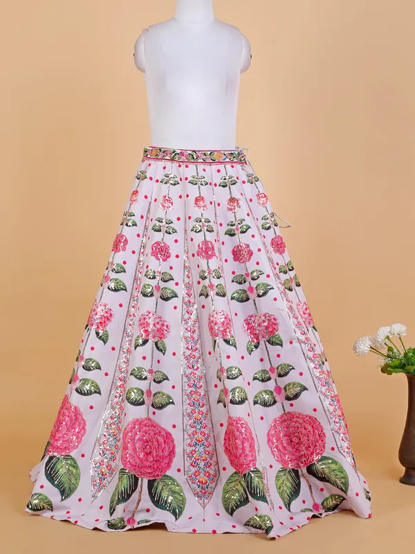 White and pink floral printed lehenga choli