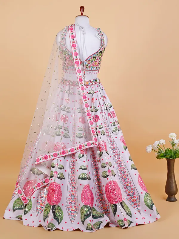 White and pink floral printed lehenga choli