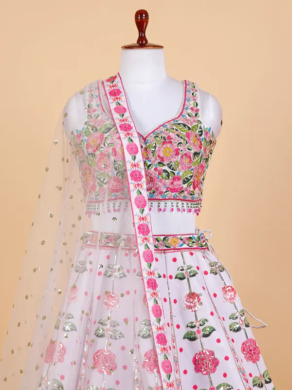 White and pink floral printed lehenga choli