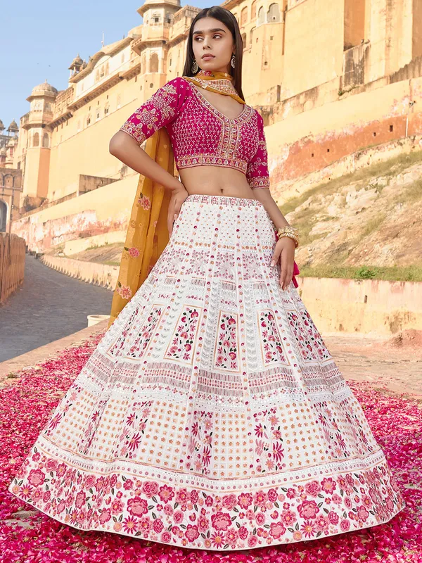 White and pink georgette wedding lehenga choli