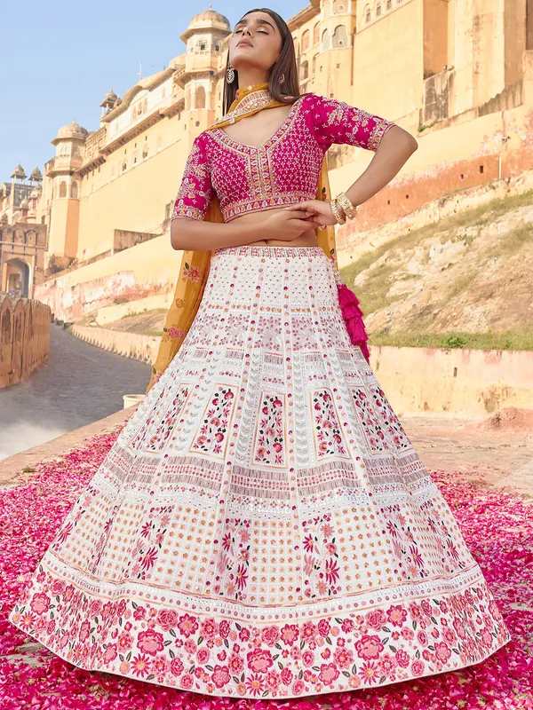 White and pink georgette wedding lehenga choli